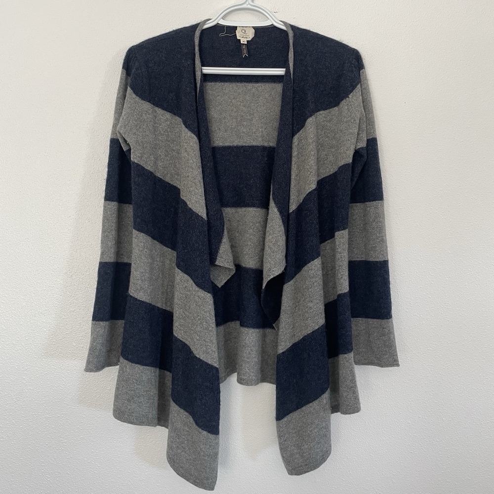 EUC Qi Cashmere Open Front Cardigan Sweater Navy/Gray Stripe Draped Soft Cozy XS